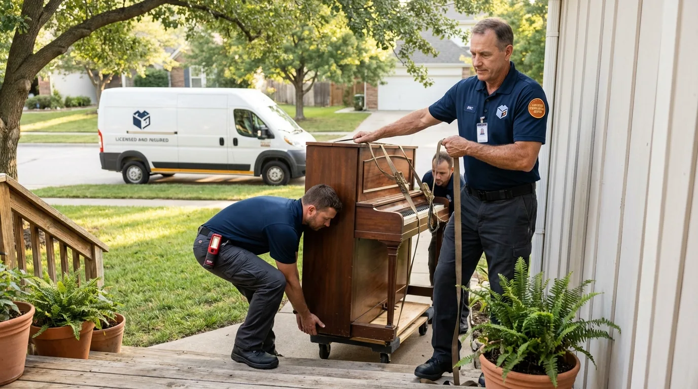 Licensed piano movers securing grand piano in Cade, LA