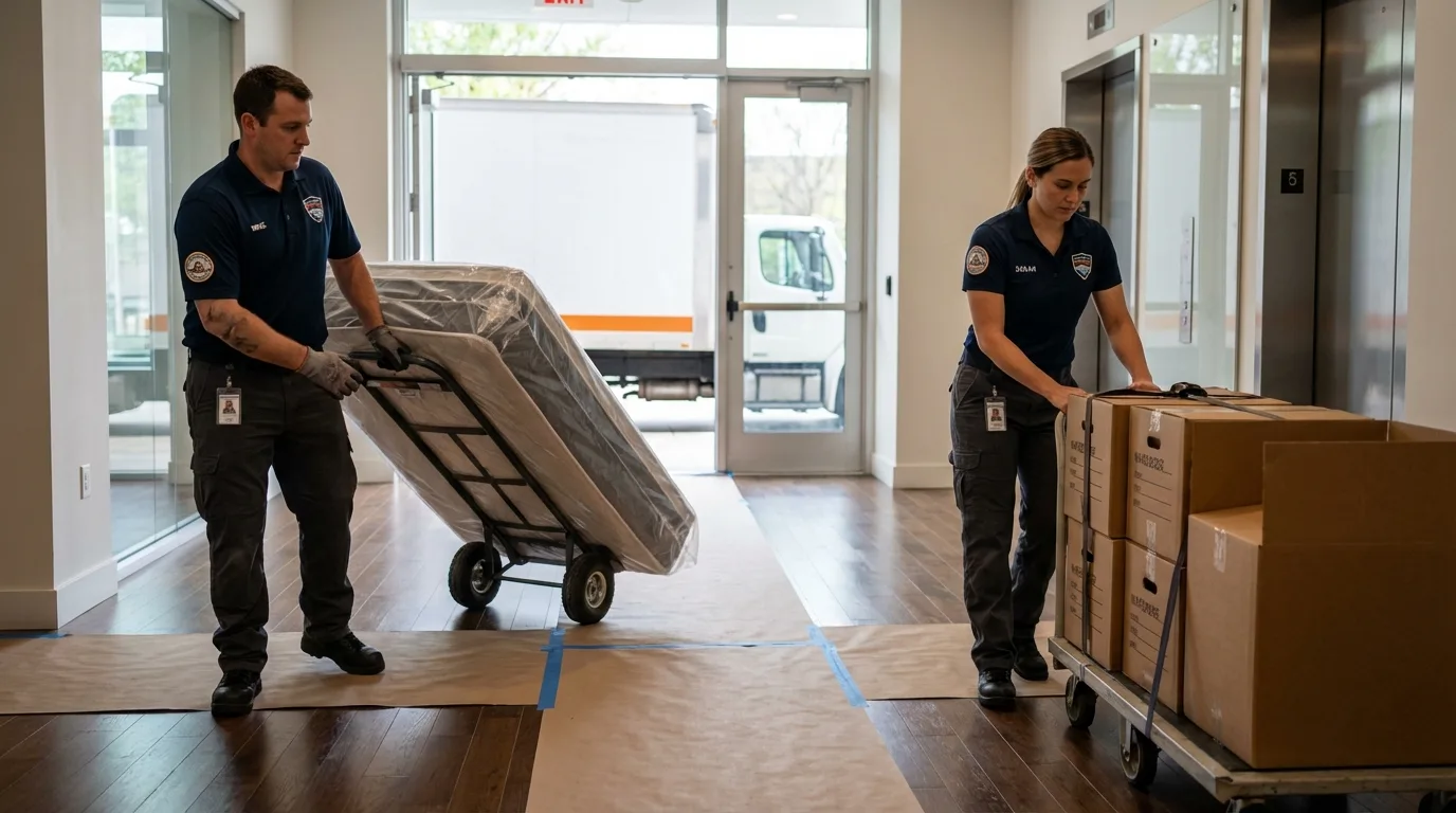 Professional apartment movers loading elevator in Cade, LA